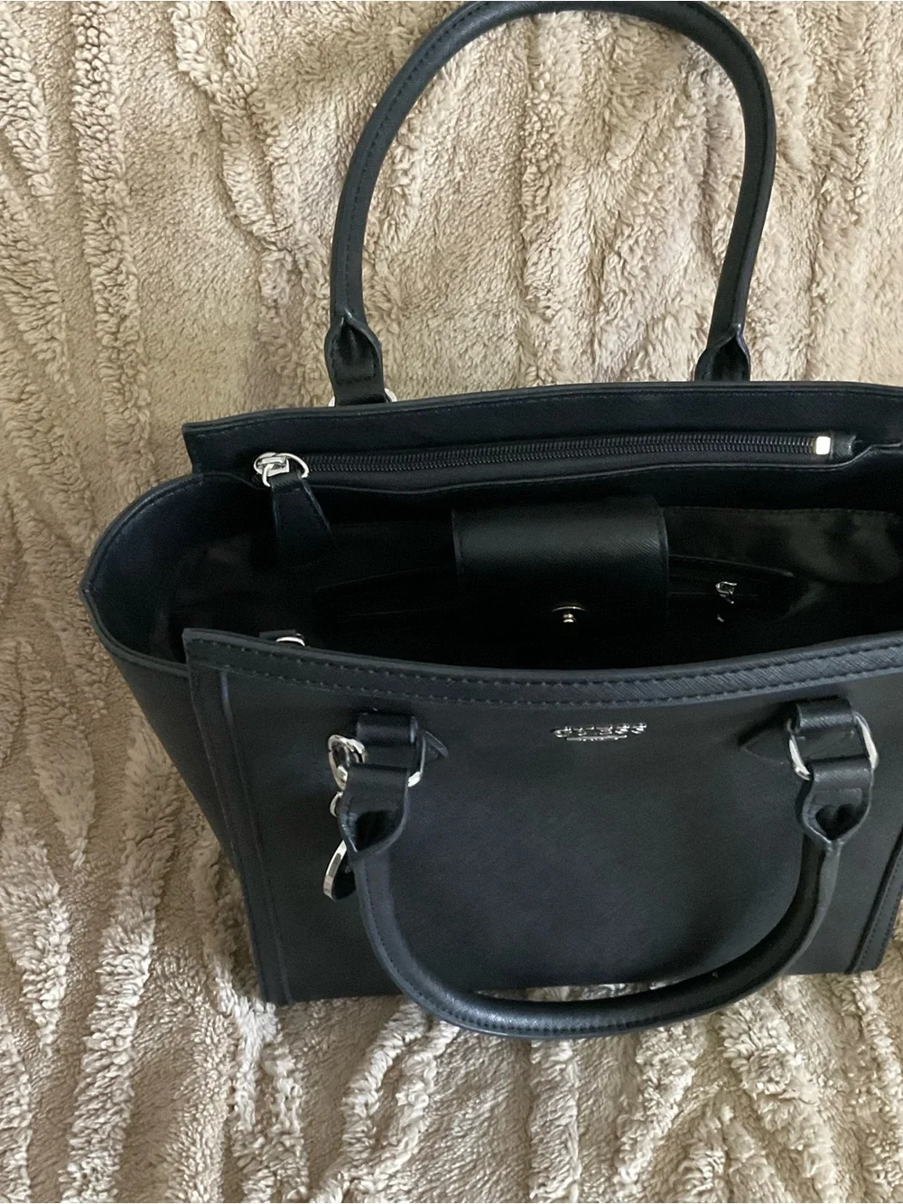 Guess Black Saffiano-Style Satchel with Logo Charm